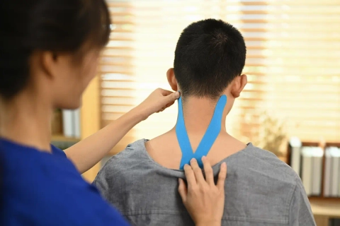 Therapist applying kinesiology tape on boy's neck